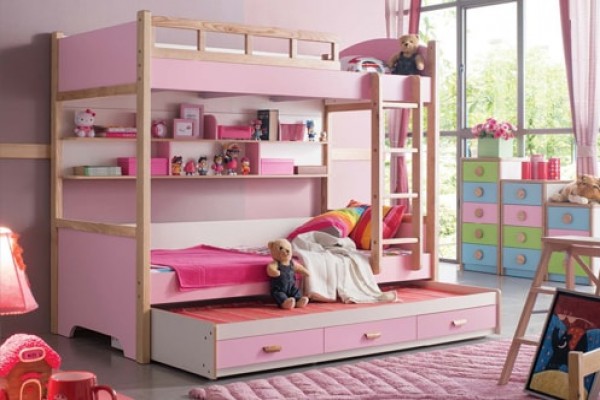 Giường 3 tầng màu hồng cho bé gái BB0012 bằng gỗ cao cấp
