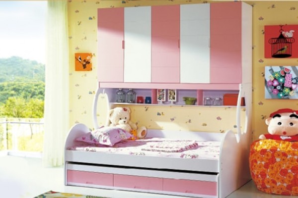 Giường ngủ trẻ em màu hồng kết hợp tủ kệ xinh xắn BABY HC03