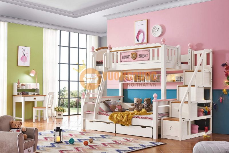 Giường tầng màu trắng hồng cho bé gái