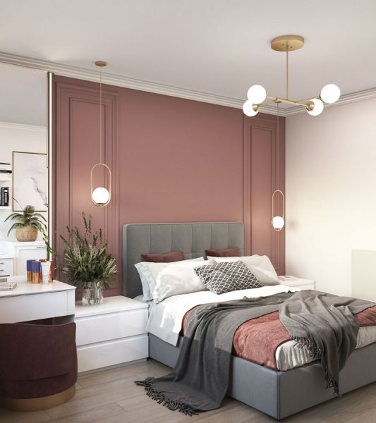 Phòng ngủ màu hồng – xám sang trọng