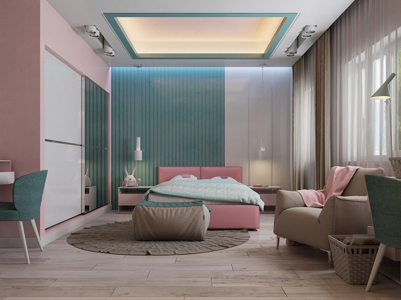Phòng ngủ màu hồng – xanh nổi bật
