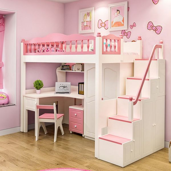 Giường tầng màu hồng cho bé gái kèm bàn học