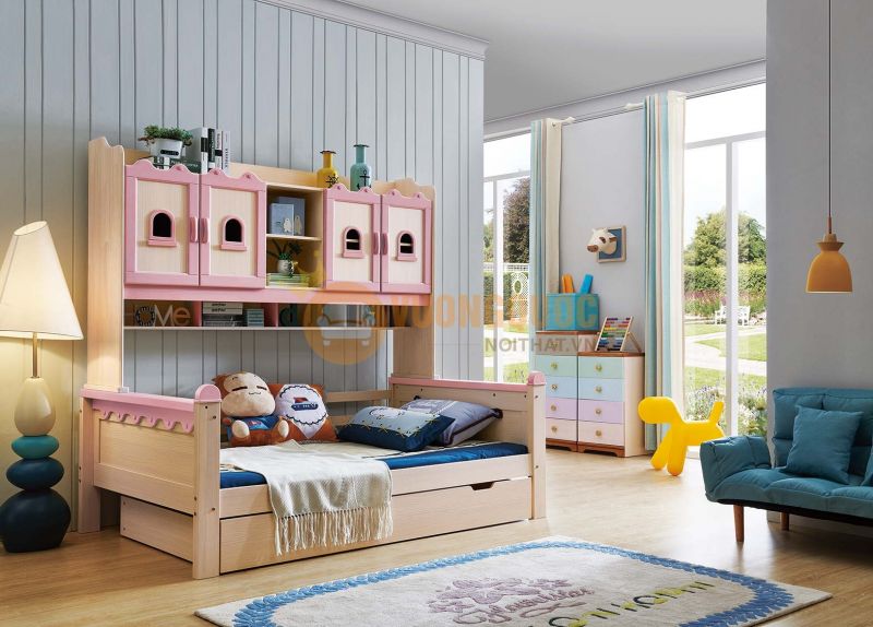 Giường tầng màu hồng cho bé gái chất liệu cao cấp