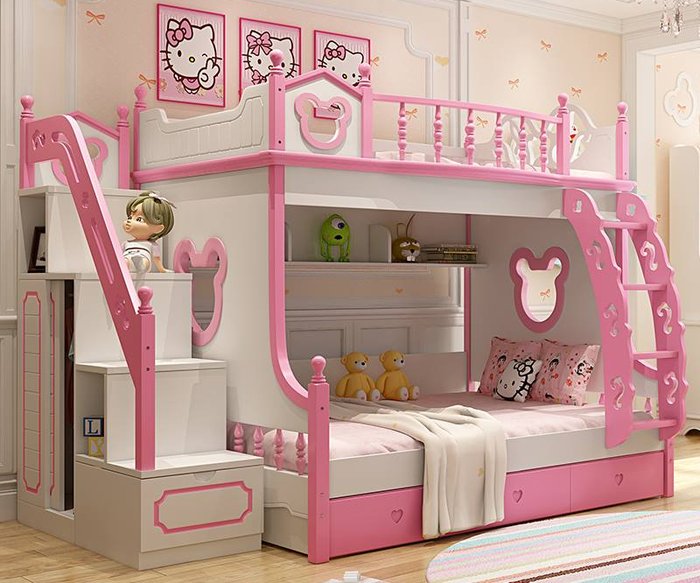 Giường tầng màu hồng cho bé gái hiện đại đáng yêu