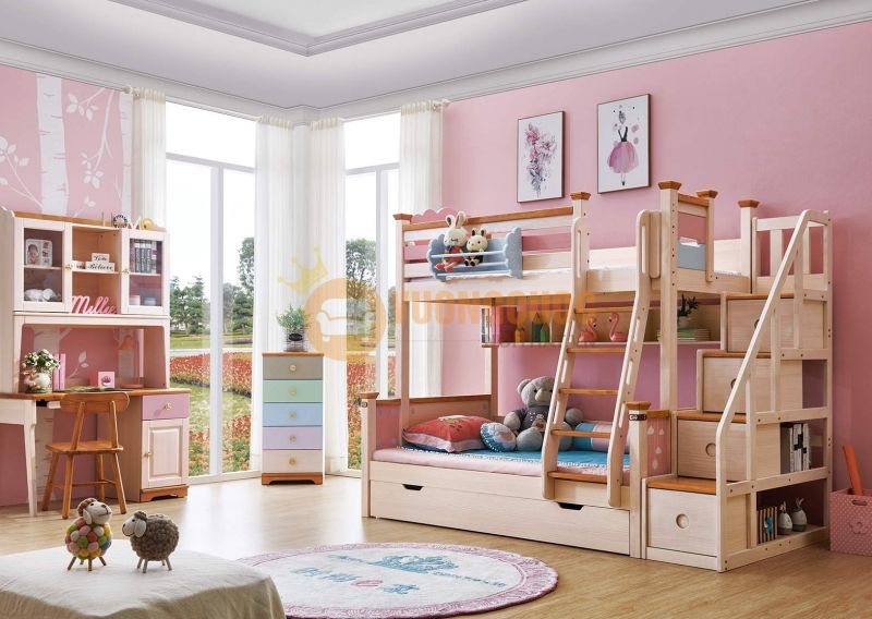 Giường tầng màu hồng cho bé gái thiết kế hiện đại