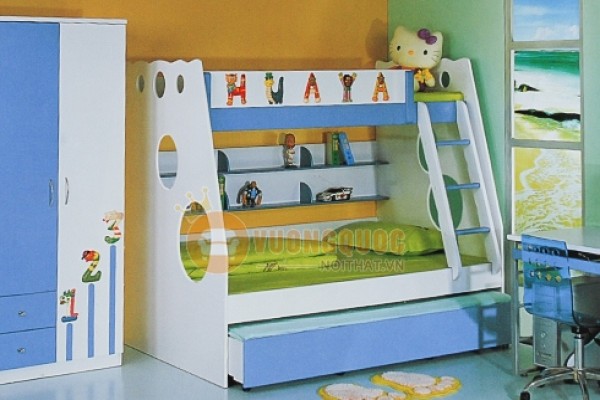 Giường tầng trẻ em màu xanh dịu nhẹ BABY 07 bằng gỗ tự nhiên