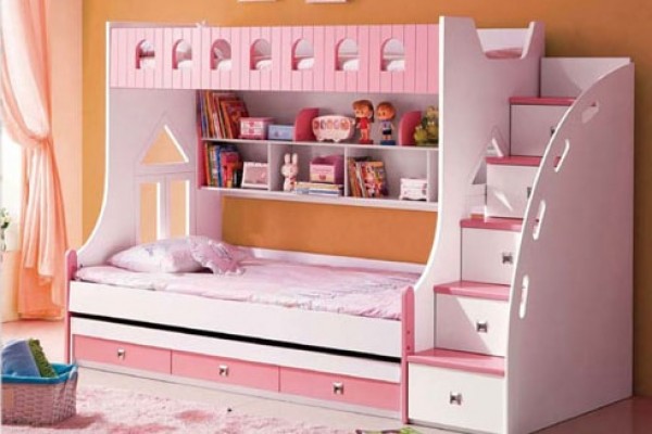 Giường 2 tầng màu hồng kết hợp tủ kéo BABY T859