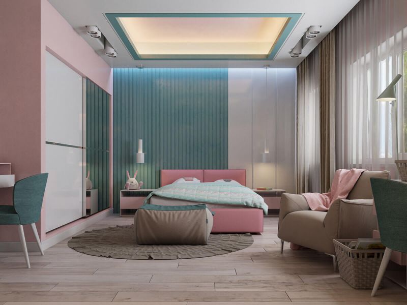 Phòng ngủ hồng xanh nổi bật