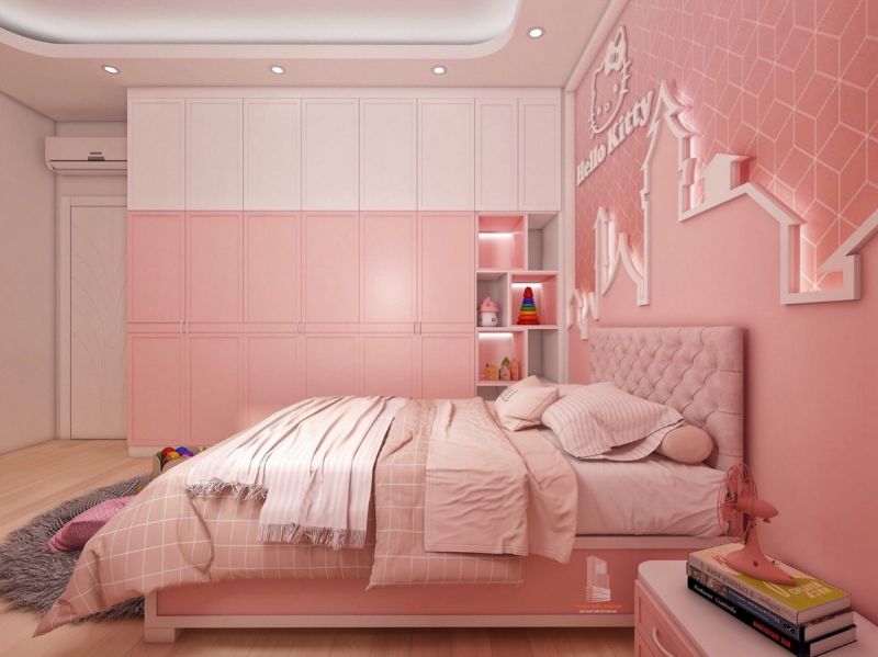 Phòng ngủ màu hồng và cam năng động