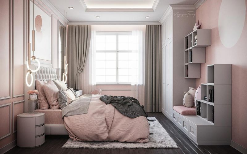 Phòng ngủ màu hồng - xám phong cách sang trọng